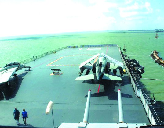 Looking forward from the bridge to the flight deck